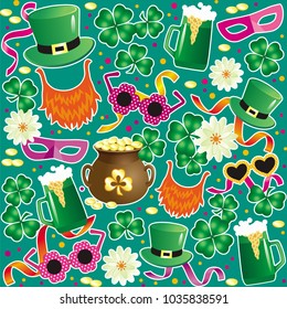 Vector texture for St. Patrick's Day with clover, beer, green hats and fake red beards, pot of gold, bright glasses and confetti on a green background