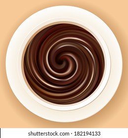 Vector texture of swirling hot black chocolate in white bowl on a beige background
