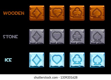 Vector texture symbols playing cards. Stone, wood and Ice squares. Cartoon icons for Game casino, slot, UI. Symbols on separate layers.