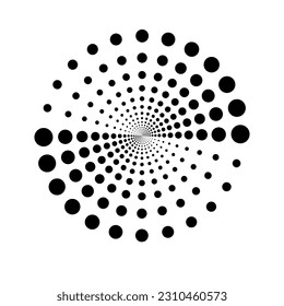 Plantilla de textura vectorial, con efecto de vibración de sonido. Medio tono en forma de círculo, con efecto de rotación. Elemento de diseño en forma de círculo formado por puntos de diferentes tamaños, vector. 