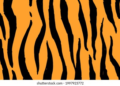 Vector texture of the tiger skin. hand-drawn uneven long strips with a sharp end in black on an orange background for a design template. abstract african tiger background design for any purpose