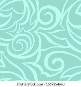 Vector texture of turquoise color isolated on sea background. Spirals and broken abstract shapes. Floral pattern for fabrics or packaging. Ornament with with cuts.
