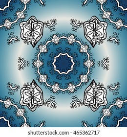 Vector texture with white and blue floral doodles flowers on blue radial gradient background with shadows.