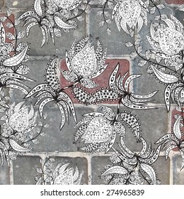 Vector texture with white doodles flowers on tiles