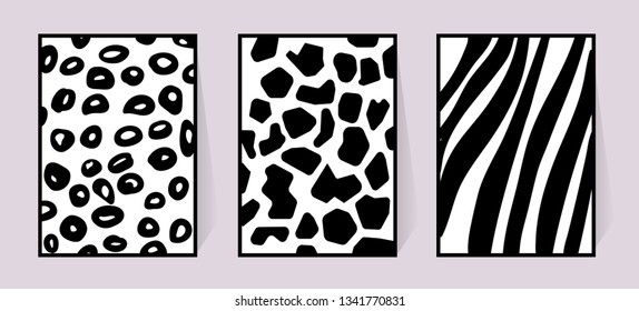 Vector texture of zebra, giraffe, leopard. Black and white illustration for poster. Monochrome poster with animal background for textile design set safari jungle fur. Three cards for wall decoration