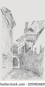 Dibujo abstracto vectorial texturizado de calle urbana con casas antiguas