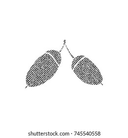 Vector textured acorn, stylized imprint on fabric. Black on white isolated element for holiday cards or stamp brushes creating. It will bring depth and vintage texture to any work.
