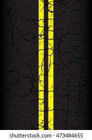 Vector textured asphalt road with cracked yellow marking