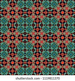 Vector textured background. Abstract seamless pattern of a plurality stylized elements in red, blue and brown colors.