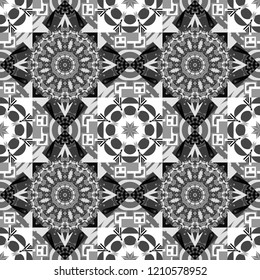 Vector textured background. Abstract seamless pattern of a plurality stylized elements in black, white and gray colors.