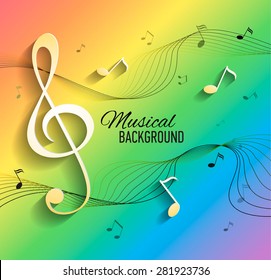 Vector textured background with music notes and key. Banner. Designed text. 