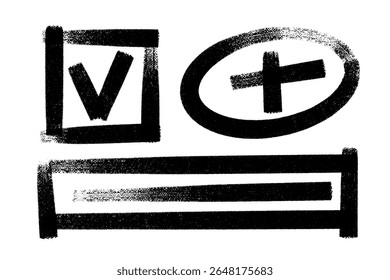 Vector textured bold signs and symbols set. Checkbox, plus sign in oval shape and rectangular frame with underline grunge hand drawn icons. Graphic elements.