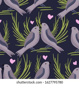 Vector textured bowerbird seamless pattern in a flat style. Romantic bird animal couple hand drawn illustration with hearts on a dark background.