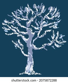 Vector textured brush drawing of silhouette abstract frozen tree in winter