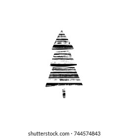 Vector textured Christmas tree, stylized imprint on wood planks. Black on white isolated element for holiday cards or stamp brushes creating. It will bring depth and vintage texture to any work.