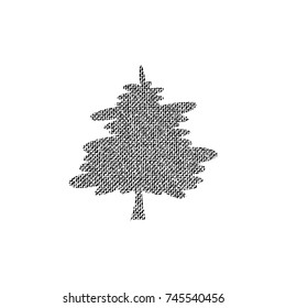 Vector textured Christmas tree, stylized imprint on fabric. Black on white isolated element for holiday cards or stamp brushes creating. It will bring depth and vintage texture to any work.