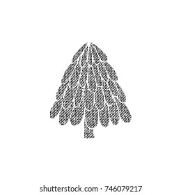 Vector textured Christmas tree, stylized imprint on fabric. Black on white isolated element for holiday cards or stamp brushes creating. It will bring depth and vintage texture to any work.