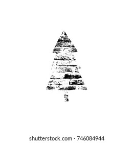 Vector textured Christmas tree, stylized imprint on bricks. Black on white isolated element for holiday cards or stamp brushes creating. It will bring depth and vintage texture to any work.