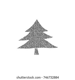 Vector textured Christmas tree, stylized imprint on fabric. Black on white isolated element for holiday cards or stamp brushes creating. It will bring depth and vintage texture to any work.