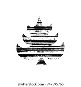 Vector textured Christmas tree, stylized imprint on wood planks. Black on white isolated element for holiday cards or stamp brushes creating. It will bring depth and vintage texture to any work.