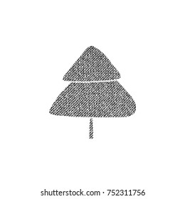 Vector textured Christmas tree, stylized imprint on fabric. Black on white isolated element for holiday cards or stamp brushes creating. It will bring depth and vintage texture to any work.