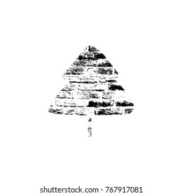 Vector textured Christmas tree, stylized imprint on bricks. Black on white isolated element for holiday cards or stamp brushes creating. It will bring depth and vintage texture to any work.
