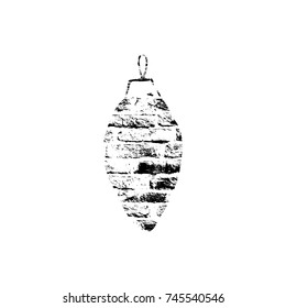 Vector textured Christmas tree toy, stylized imprint on bricks. Black on white isolated element for holiday cards or stamp brushes creating. It will bring depth and vintage texture to any work.