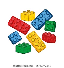 Vector Textured Colorful Illustration of Block Toy Brick Details Isolated on White Background