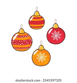 Vector Textured Colorful Illustration of Decorations Balls for the Christmas Tree Isolated on White Background