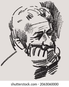 Vector textured contour image of sketch portrait sad elderly man in thinking