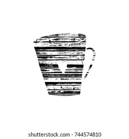 Vector textured cup, stylized imprint on wood planks. Black on white illustration, isolated element for holiday cards or stamp brushes creating. It will bring depth and vintage texture to any work.