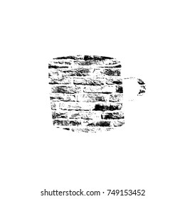 Vector textured cup, stylized imprint on bricks. Black on white illustration, isolated element for holiday cards or stamp brushes creating. It will bring depth and vintage texture to any work.
