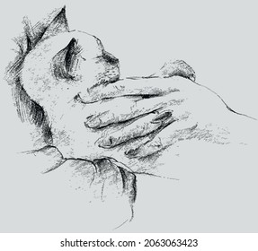 Vector textured drawing of cute small kitten sleeping in human hands