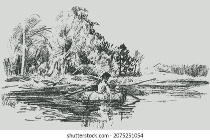 Vector textured drawing of landscape riverside with fisherman in boat