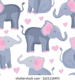 Vector textured elephant seamless pattern in a flat style. Animal couple hand drawn modern cartoon illustration with hearts on a white background.