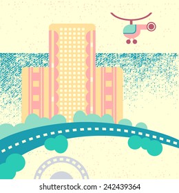 Vector textured flat illustration with building, road and helicopter