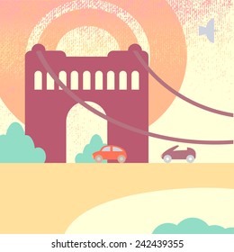 Vector textured flat illustration with view of the bridge