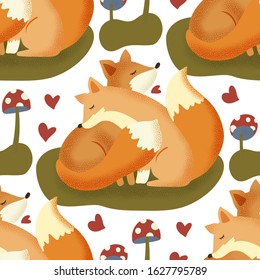 Vector textured fox animal seamless pattern in a flat style. Romantic animal couple with mushrooms modern hand drawn illustration.