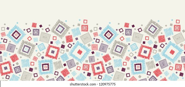 Vector textured geometric squares horizontal seamless pattern background ornament with hand drawn elements
