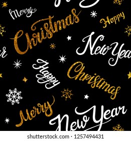 Vector textured gold glittering and white seamless pattern on a black background. Merry Christmas and New Year wrapping paper with lettering font composition
