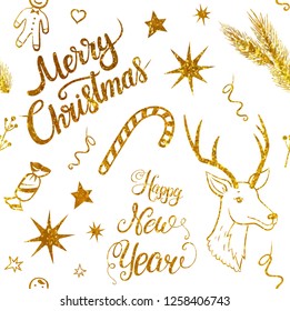 Vector textured gold glittering and white seamless pattern on a white background. Merry Christmas and New Year wrapping paper with lettering font composition. Gingerbread Man deer needles lollipop and