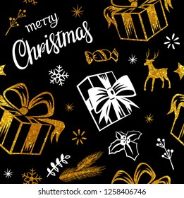 Vector textured gold glittering and white seamless pattern on a black background. Merry Christmas and New Year wrapping paper with lettering font composition. Gift deer needles holly and other