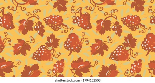 Vector textured grapevine seamless pattern. Hand drawn linocut, doodle style design. Food, packaging, surface design . Modern brush design. Perfect for wine lovers.