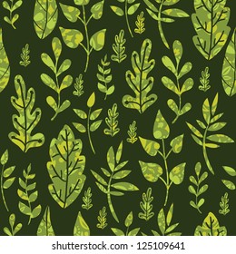 Vector textured green leaves seamless pattern background with abstract plants with fun leaves and branches forming a floral texture.