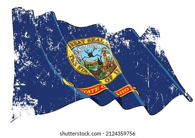 Vector Textured Grunge illustration of a Waving Flag of the State of Idaho. All elements neatly on well-defined layers and groups.