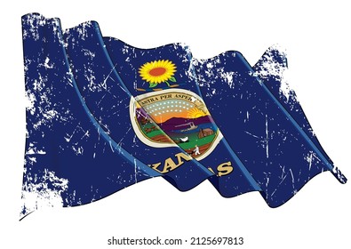 Vector Textured Grunge illustration of a Waving Flag of the State of Kansas. All elements neatly on well-defined layers and groups.