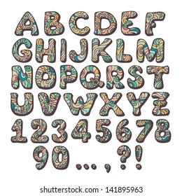 Vector textured hand drawn colorful Alphabet isolated over white