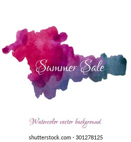 Vector textured hand painted watercolor Summer Sale banner with paint stains and blots. Hand drawn watercolor isolated, red, bordo, pink, magenta, blue, purple colors, Vector Watercolor Background