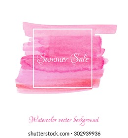 Vector textured hand painted watercolor Summer Sale banner with paint stains and blots. Hand drawn watercolor cubic form isolated, coral, pink, red, strawberry colors, Vector Watercolor Background