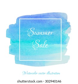 Vector textured hand painted watercolor Summer Sale banner with paint stains and blots. Hand drawn watercolor cubic form isolated, blue, green, turquoise, teal colors, Vector Watercolor Background
